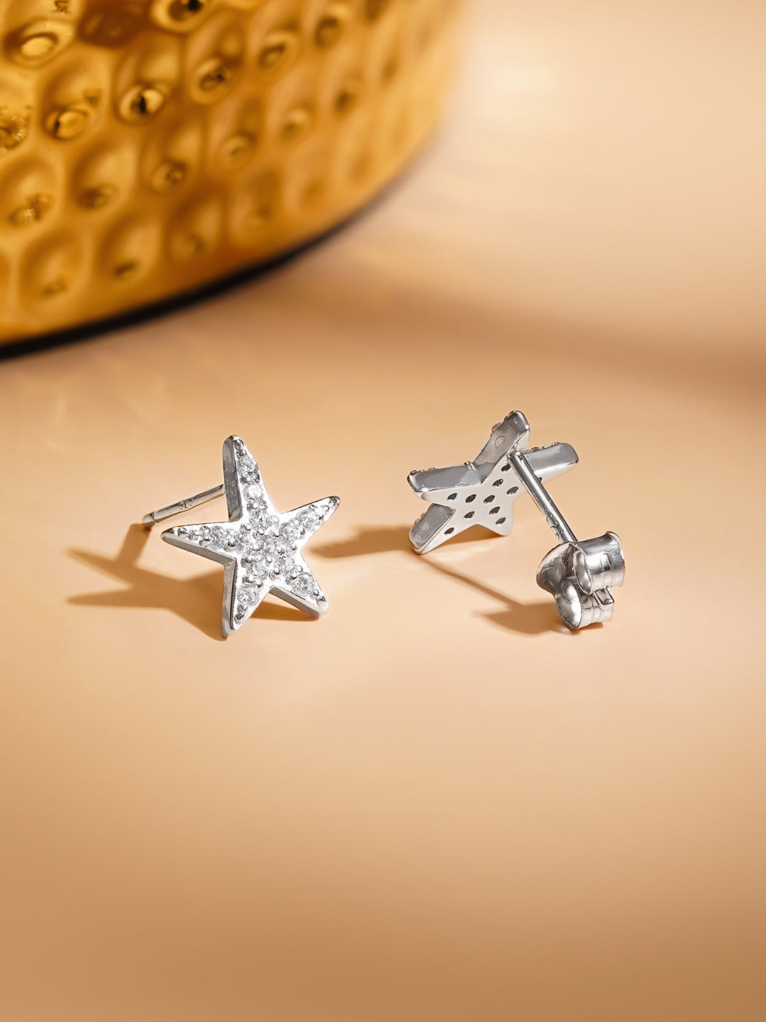 925 Fine Silver Rhodium Plated American Diamond Zirconia Star Studs フリーサイズ