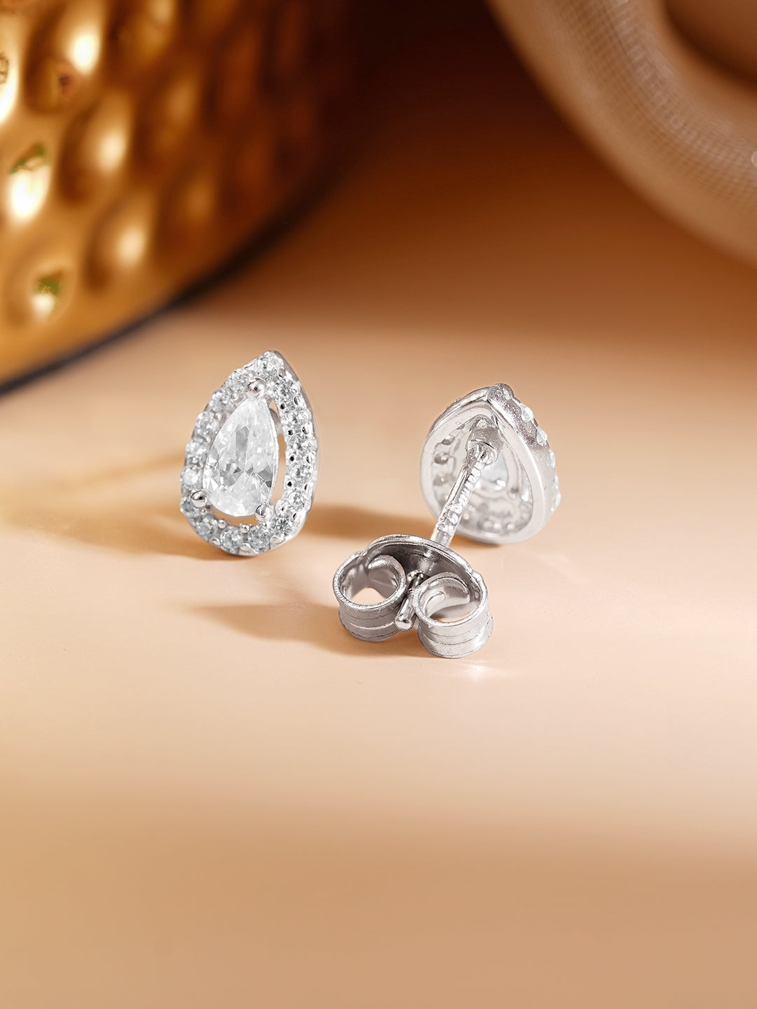 925 Fine Silver Rhodium Plated Solitaire AD Stud Earrings フリーサイズ