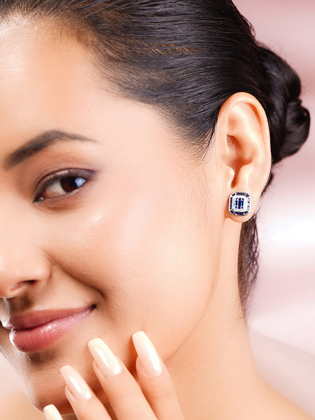 925 Fine Silver Rhodium Plated Blue Sapphire AD Stud Earrings フリーサイズ