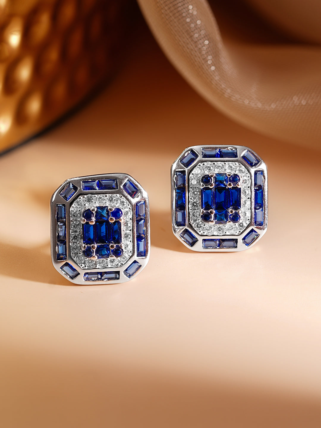 925 Fine Silver Rhodium Plated Blue Sapphire AD Stud Earrings フリーサイズ