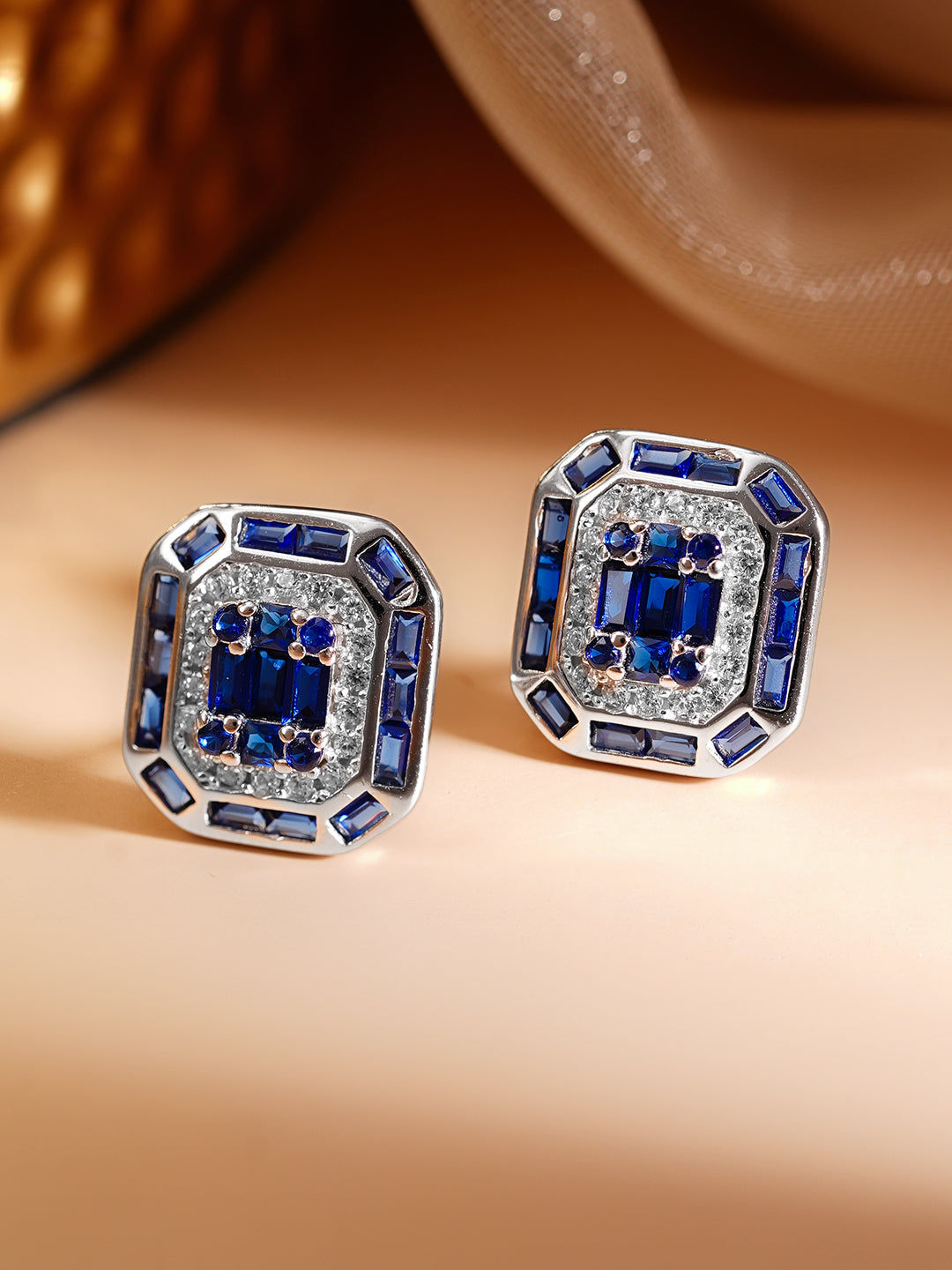 925 Fine Silver Rhodium Plated Blue Sapphire AD Stud Earrings フリーサイズ