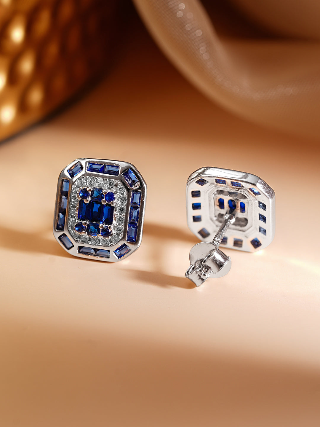 925 Fine Silver Rhodium Plated Blue Sapphire AD Stud Earrings フリーサイズ