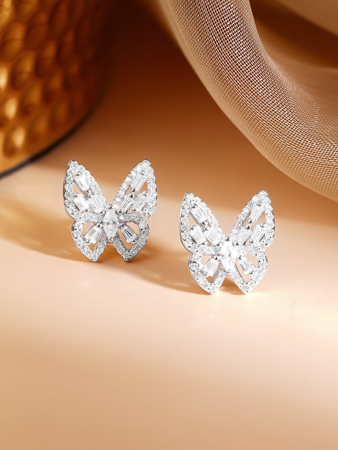 925 Fine Silver Rhodium Plated American Diamon Zirconia Butterfly Studs フリーサイズ