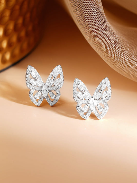 925 Fine Silver Rhodium Plated American Diamon Zirconia Butterfly Studs フリーサイズ