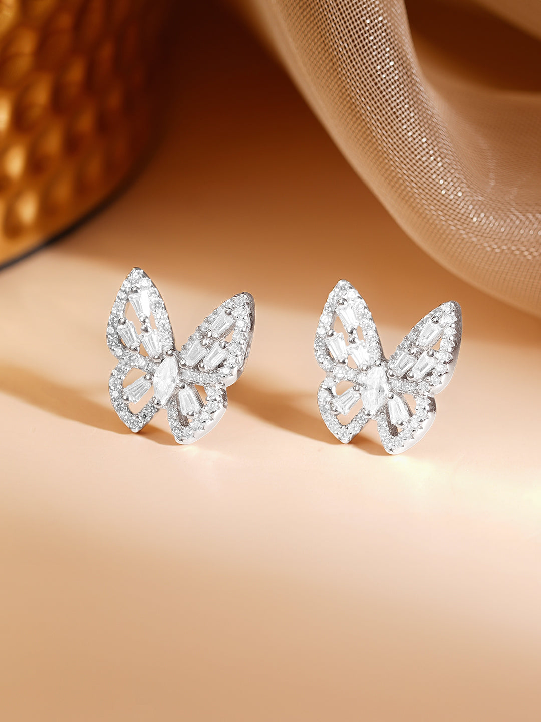 925 Fine Silver Rhodium Plated American Diamon Zirconia Butterfly Studs フリーサイズ