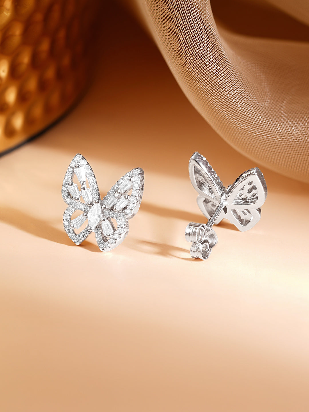 925 Fine Silver Rhodium Plated American Diamon Zirconia Butterfly Studs フリーサイズ