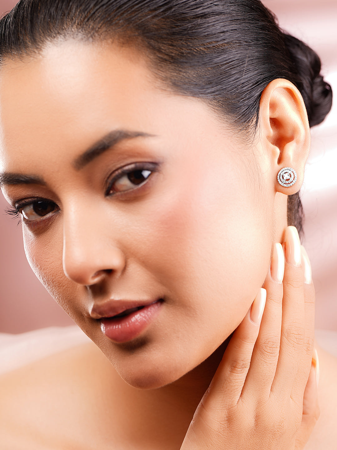 925 Fine Silver Rhodium Plated American Diamon Zirconia Round Stud Earrings フリーサイズ