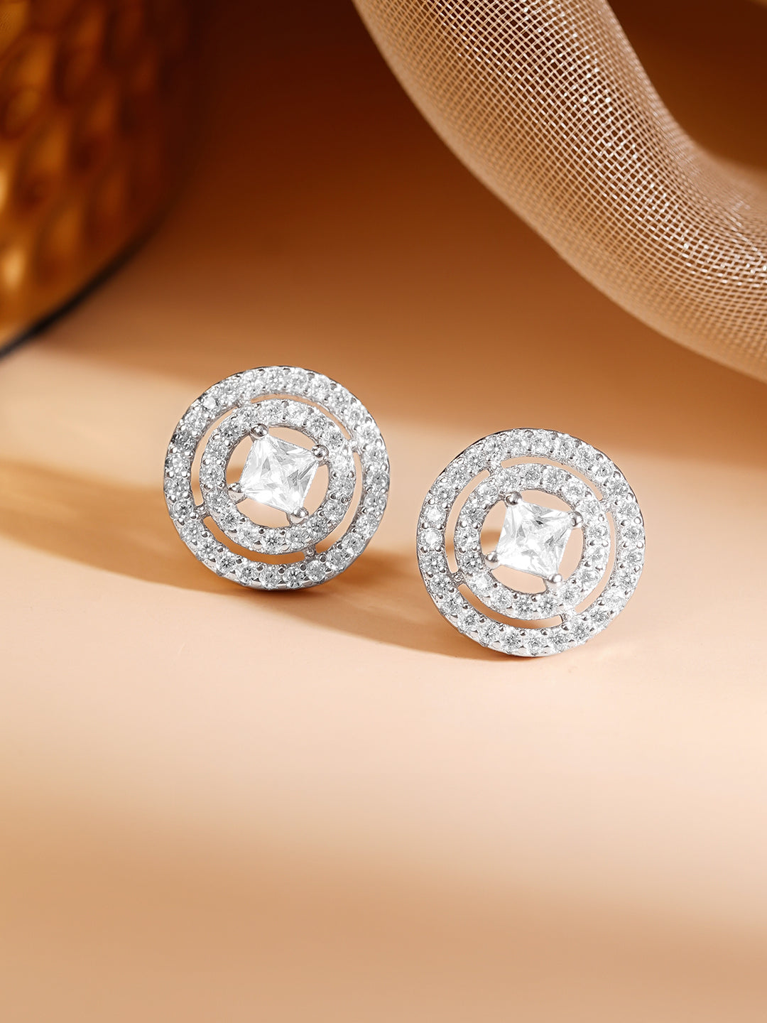 925 Fine Silver Rhodium Plated American Diamon Zirconia Round Stud Earrings フリーサイズ