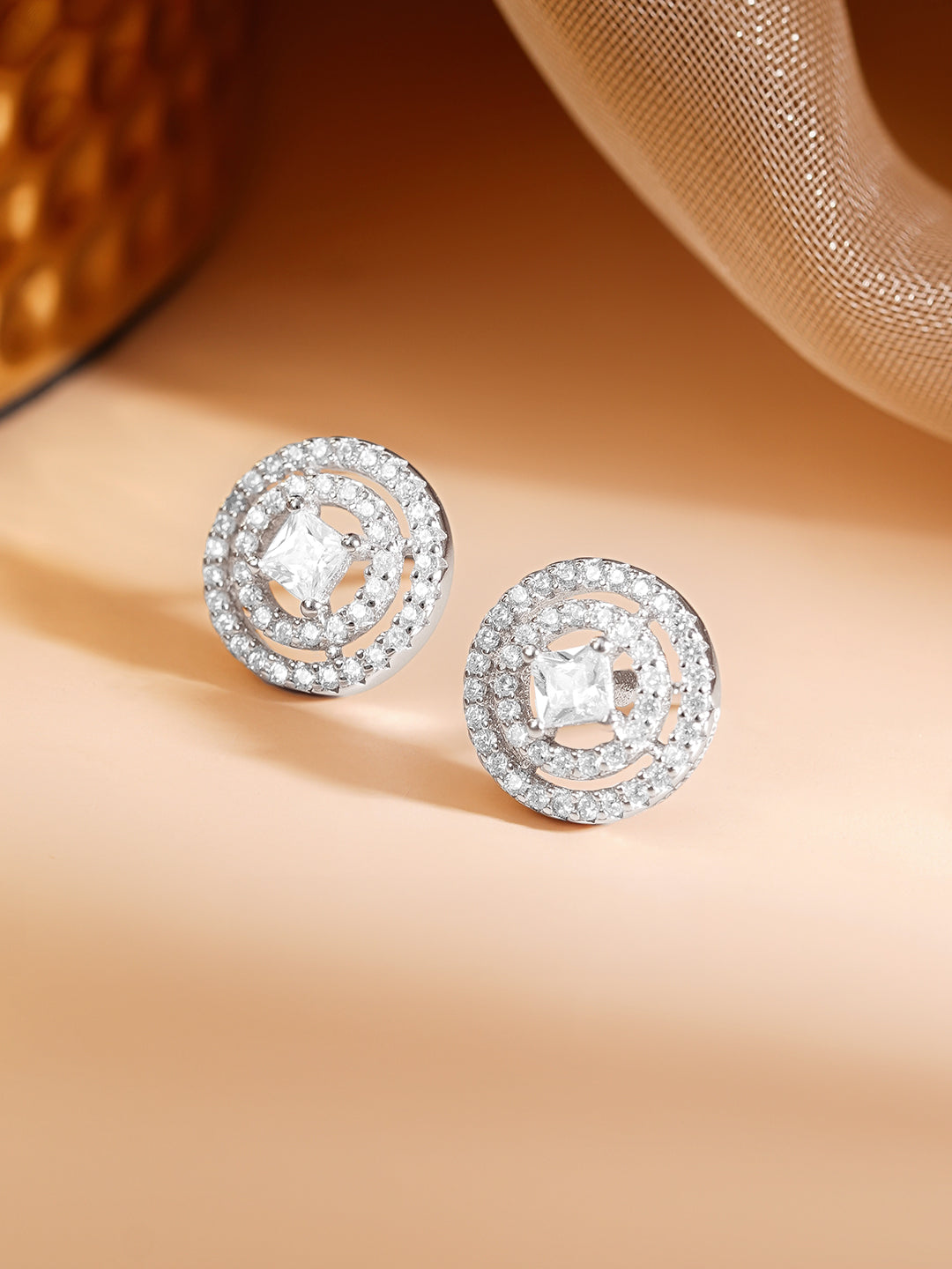 925 Fine Silver Rhodium Plated American Diamon Zirconia Round Stud Earrings フリーサイズ