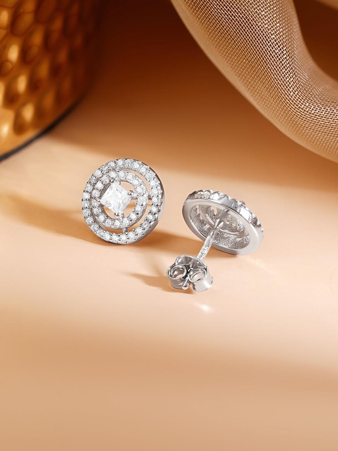 925 Fine Silver Rhodium Plated American Diamon Zirconia Round Stud Earrings フリーサイズ