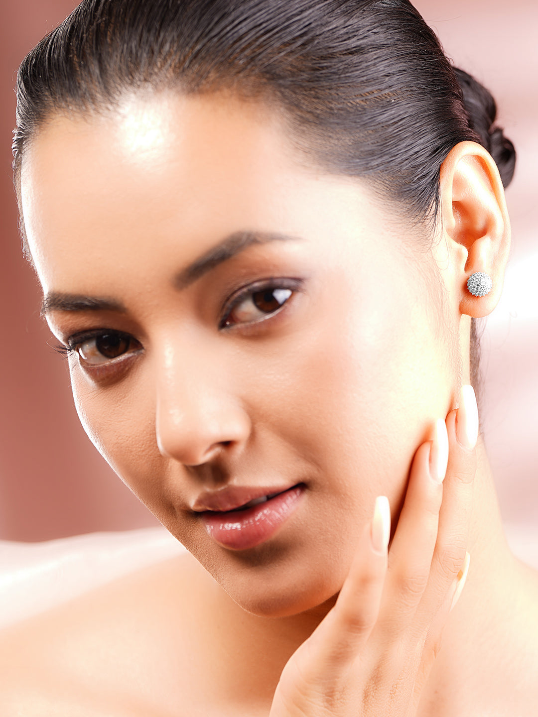 925 Fine Silver Rhodium Plated American Diamon Zirconia Round Stud Earrings フリーサイズ