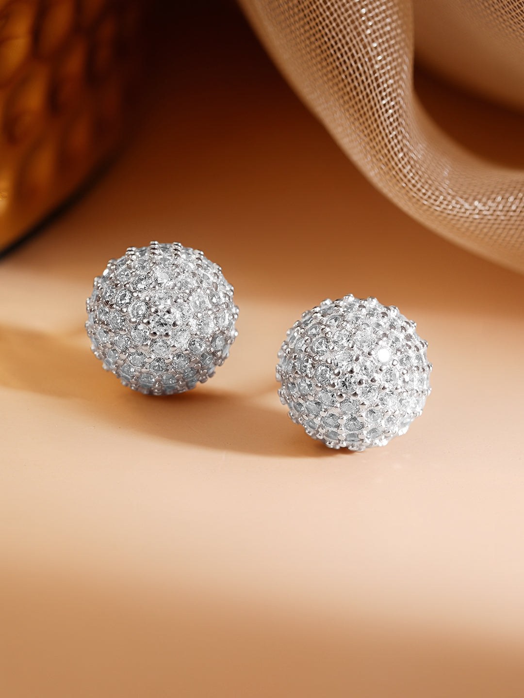 925 Fine Silver Rhodium Plated American Diamon Zirconia Round Stud Earrings フリーサイズ