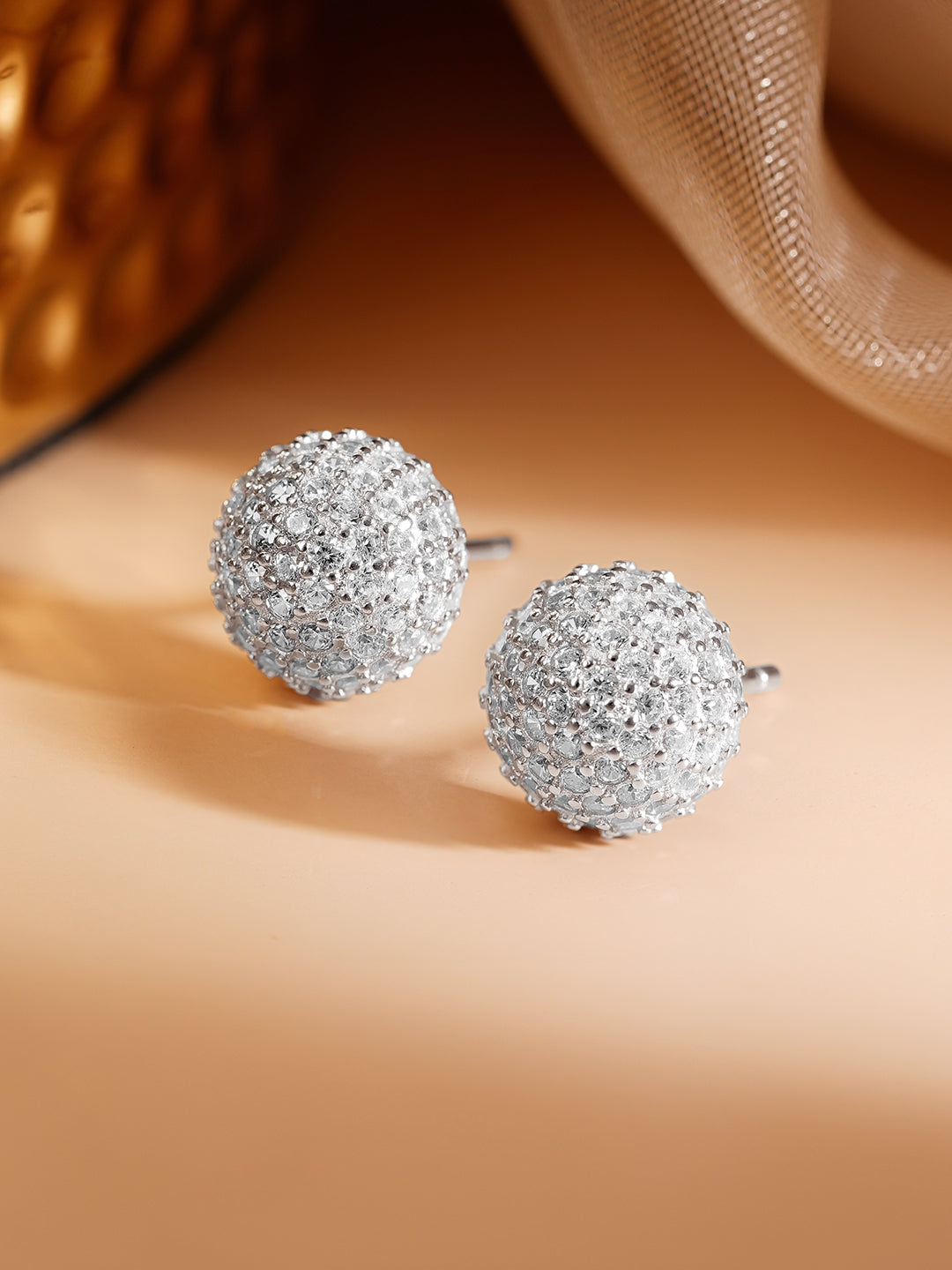 925 Fine Silver Rhodium Plated American Diamon Zirconia Round Stud Earrings フリーサイズ