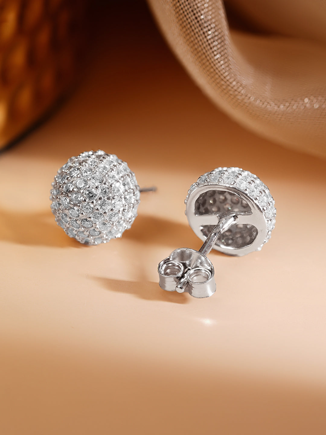925 Fine Silver Rhodium Plated American Diamon Zirconia Round Stud Earrings フリーサイズ