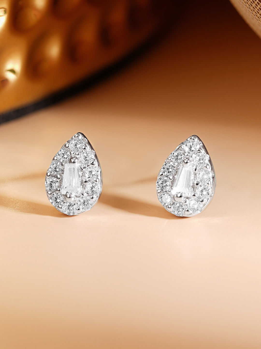 925 Fine Silver Rhodium Plated American Diamon Zirconia Tear Drop Stud Earrings フリーサイズ