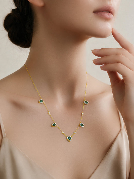 925 Fine Silver Gold Plated Emerald Teardrop Crystal Charm Necklace フリーサイズ