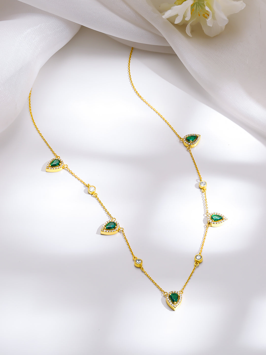 925 Fine Silver Gold Plated Emerald Teardrop Crystal Charm Necklace フリーサイズ