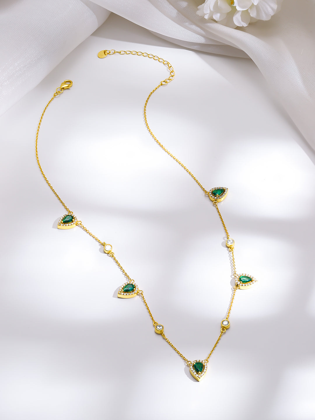 925 Fine Silver Gold Plated Emerald Teardrop Crystal Charm Necklace フリーサイズ
