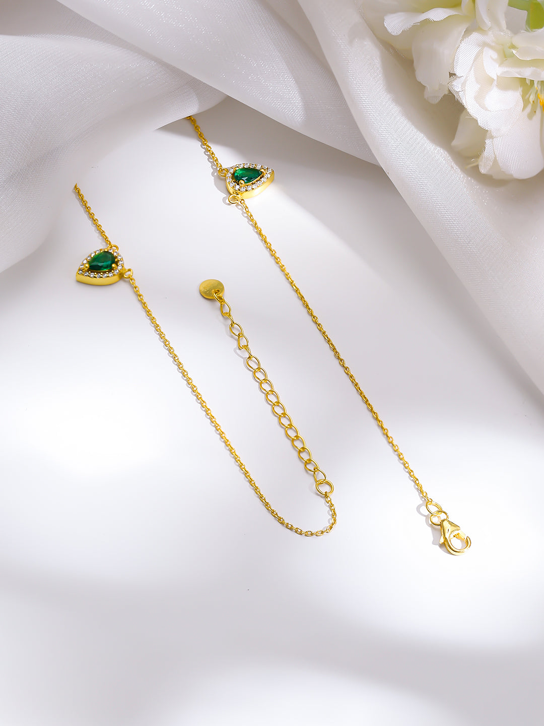 925 Fine Silver Gold Plated Emerald Teardrop Crystal Charm Necklace フリーサイズ