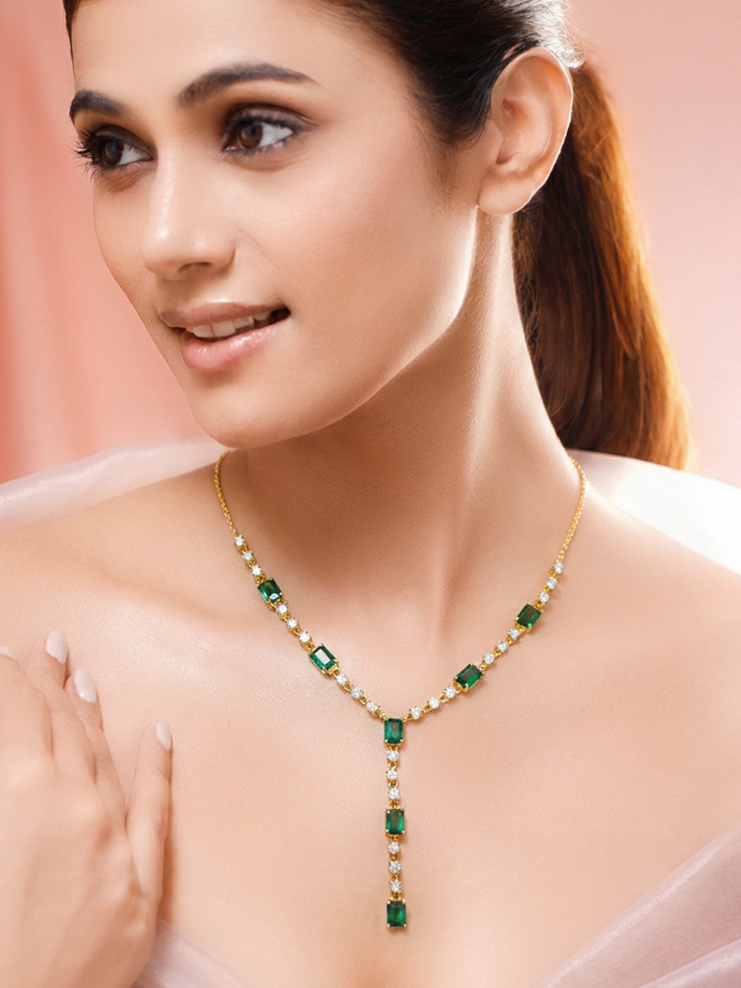 925 Silver Gold Plated Emerald & Baguette Crystal Y Drop Necklace フリーサイズ