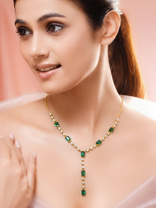 925 Silver Gold Plated Emerald & Baguette Crystal Y Drop Necklace フリーサイズ