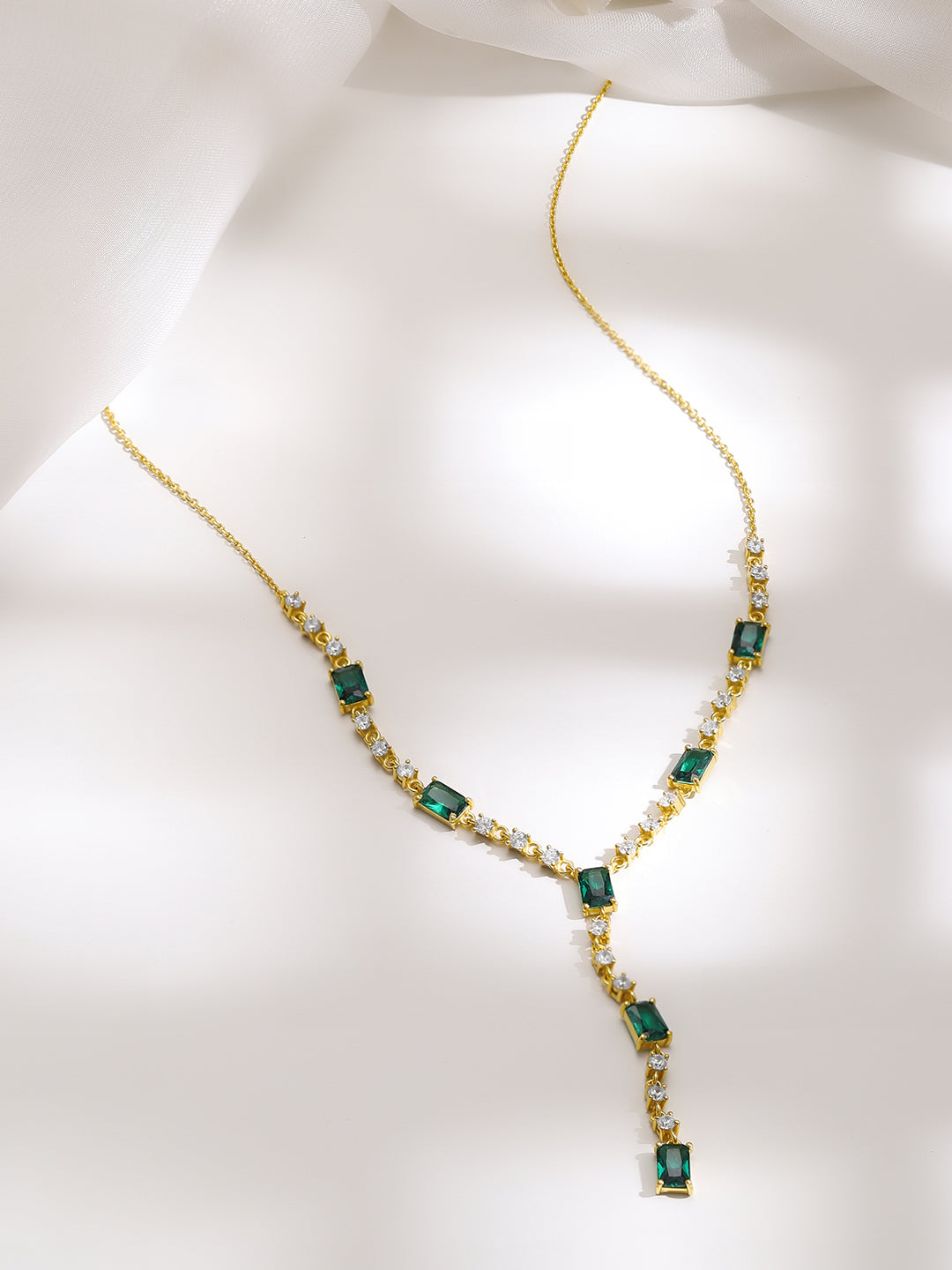 925 Silver Gold Plated Emerald & Baguette Crystal Y Drop Necklace フリーサイズ