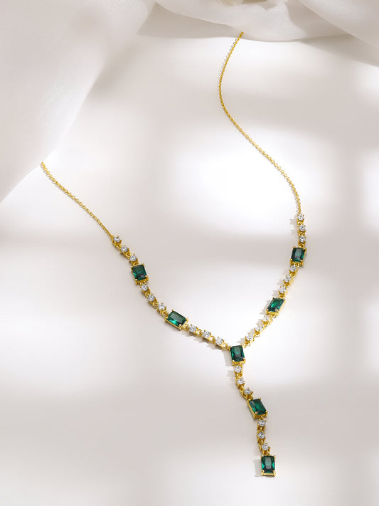 925 Silver Gold Plated Emerald & Baguette Crystal Y Drop Necklace フリーサイズ