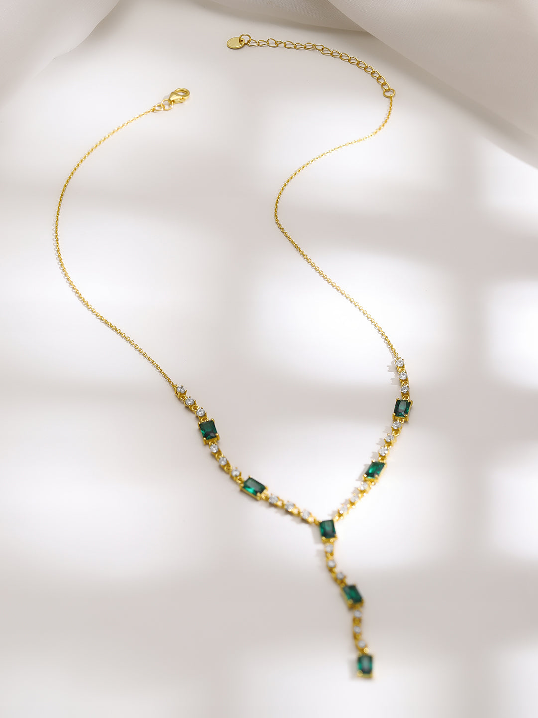 925 Silver Gold Plated Emerald & Baguette Crystal Y Drop Necklace フリーサイズ