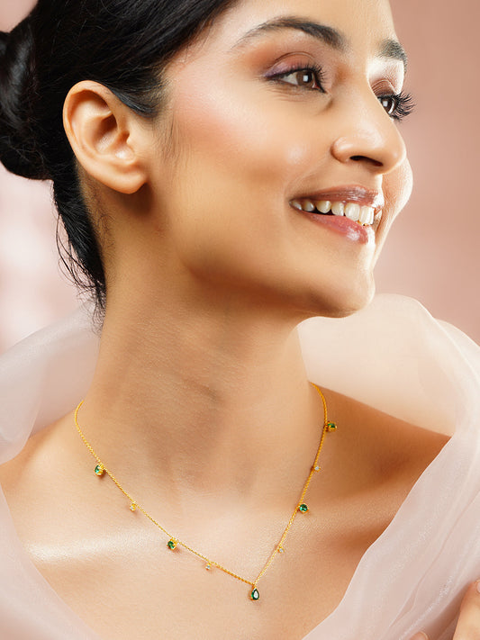 925 Fine Silver Gold Plated Green Teardrop Crystal Charm Necklace フリーサイズ