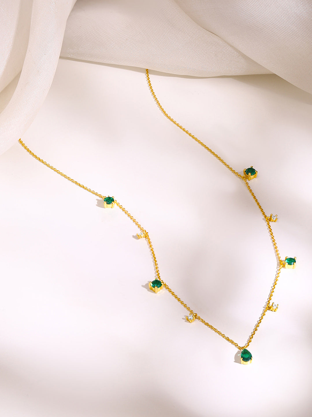 925 Fine Silver Gold Plated Green Teardrop Crystal Charm Necklace フリーサイズ