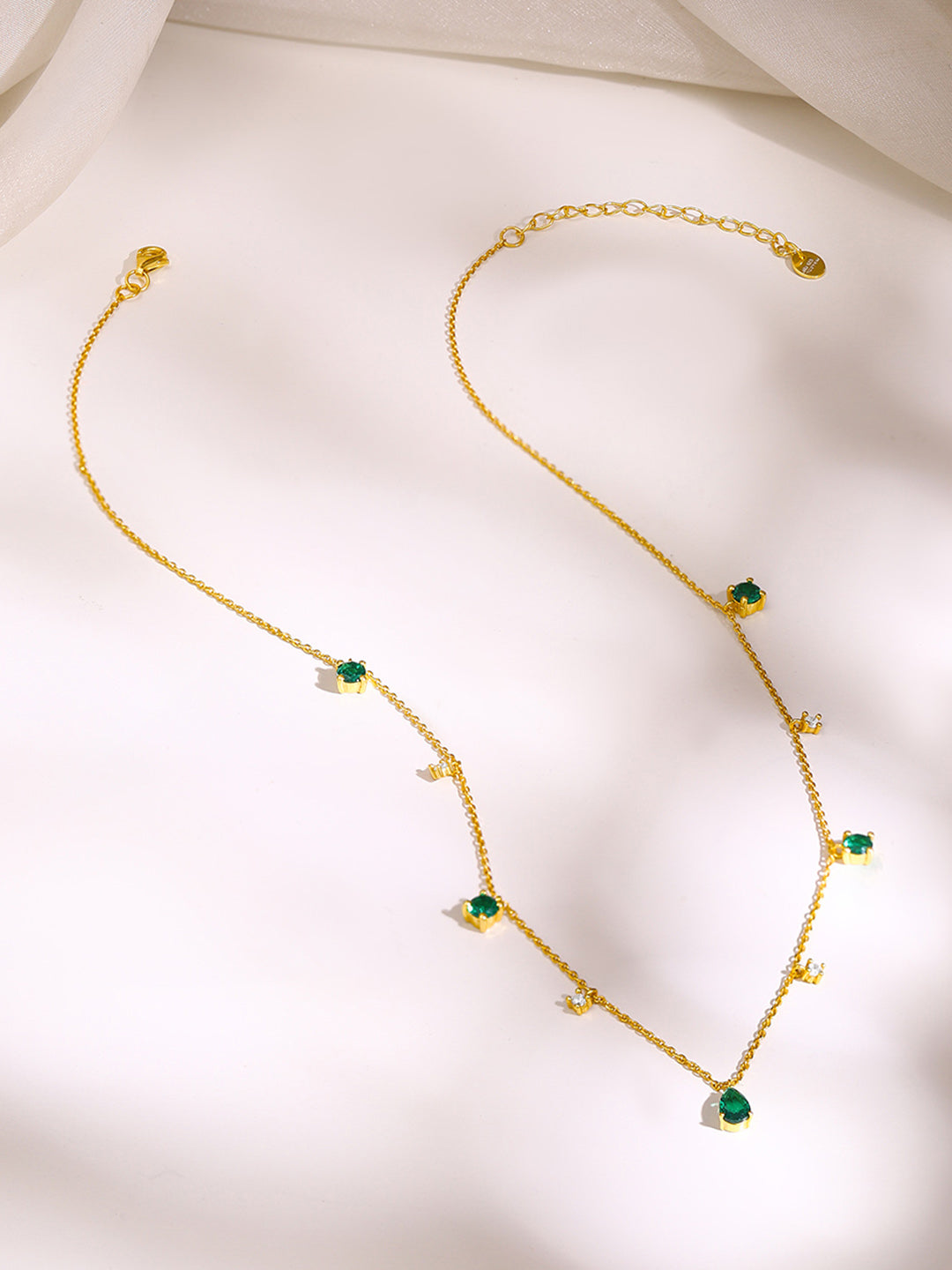 925 Fine Silver Gold Plated Green Teardrop Crystal Charm Necklace フリーサイズ