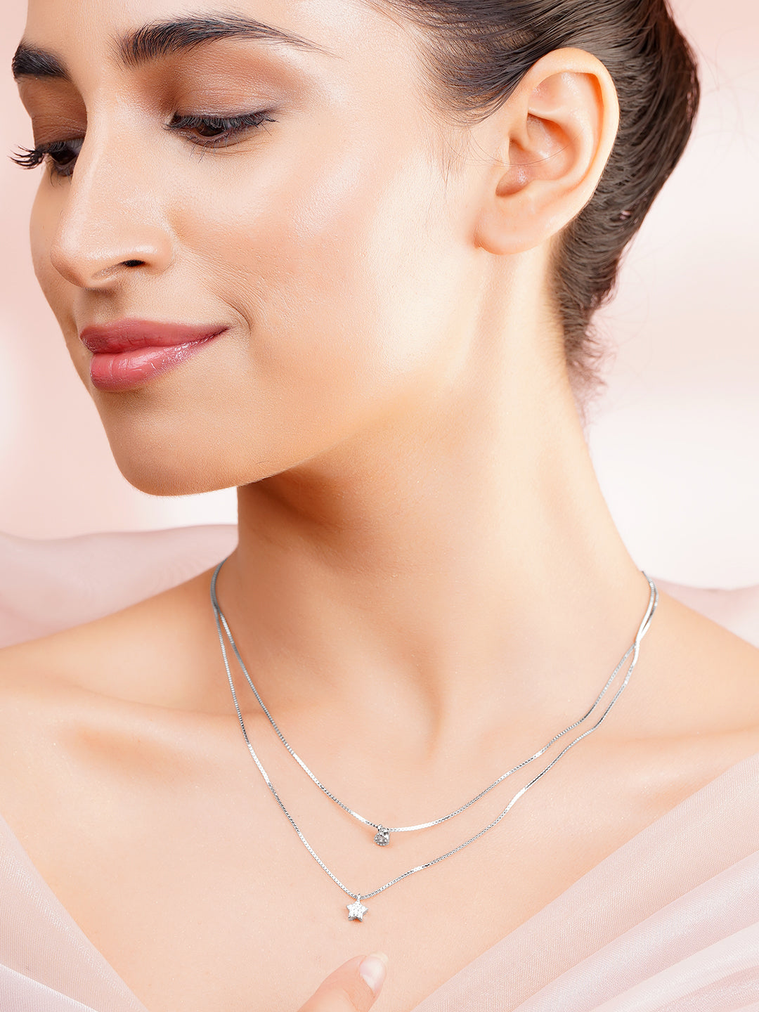 925 Fine Silver Cubic Zirconia Layered Star Charm Pendant Chain Necklace フリーサイズ