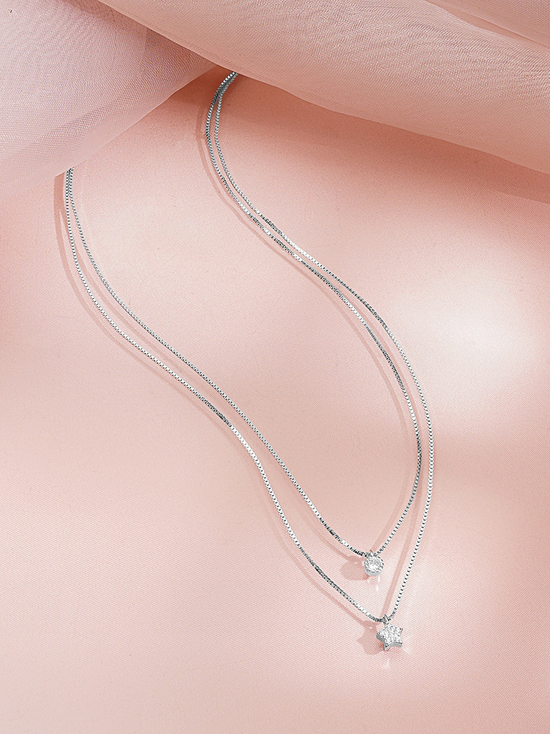 925 Fine Silver Cubic Zirconia Layered Star Charm Pendant Chain Necklace フリーサイズ