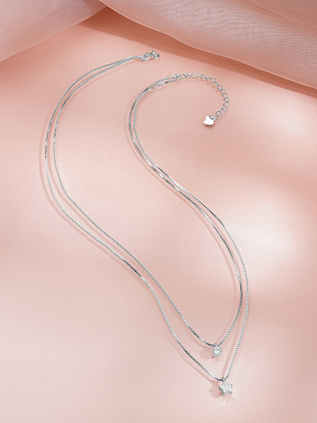 925 Fine Silver Cubic Zirconia Layered Star Charm Pendant Chain Necklace フリーサイズ