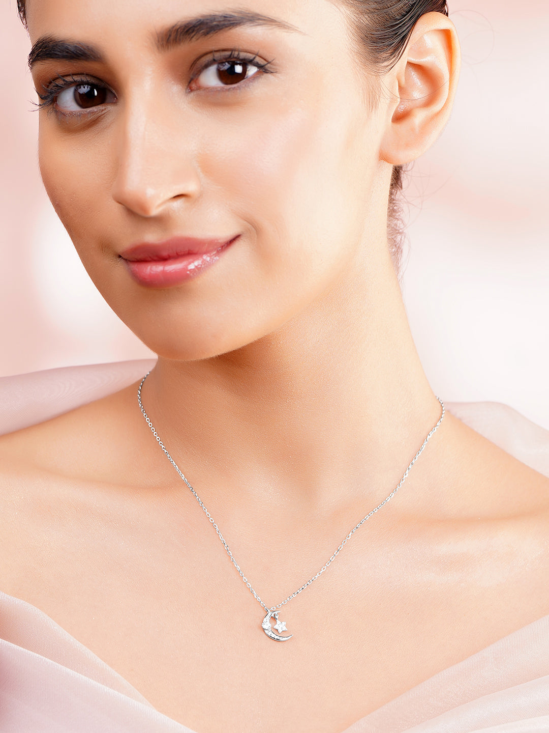 925 Fine Silver Crescent Moon & Star Cubic Zirconia Pendant Necklace フリーサイズ