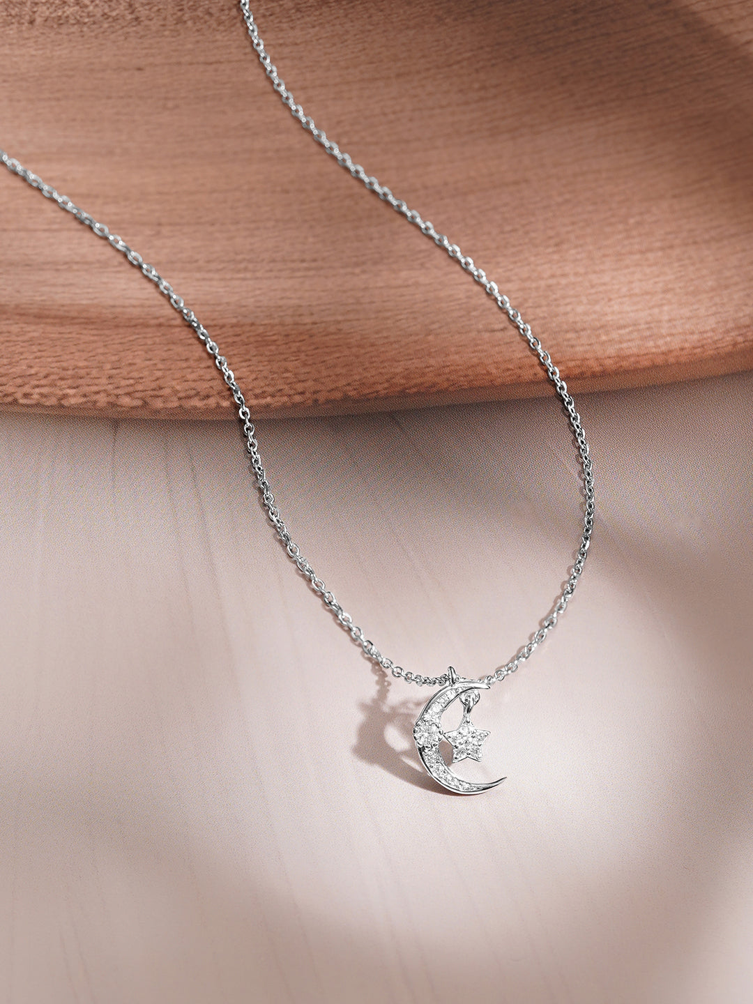 925 Fine Silver Crescent Moon & Star Cubic Zirconia Pendant Necklace フリーサイズ