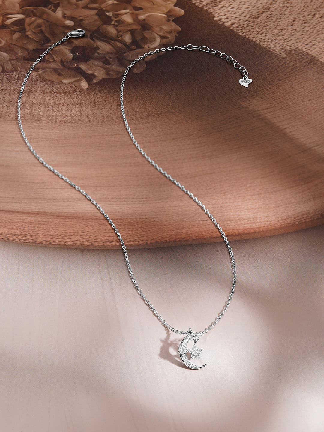 925 Fine Silver Crescent Moon & Star Cubic Zirconia Pendant Necklace フリーサイズ