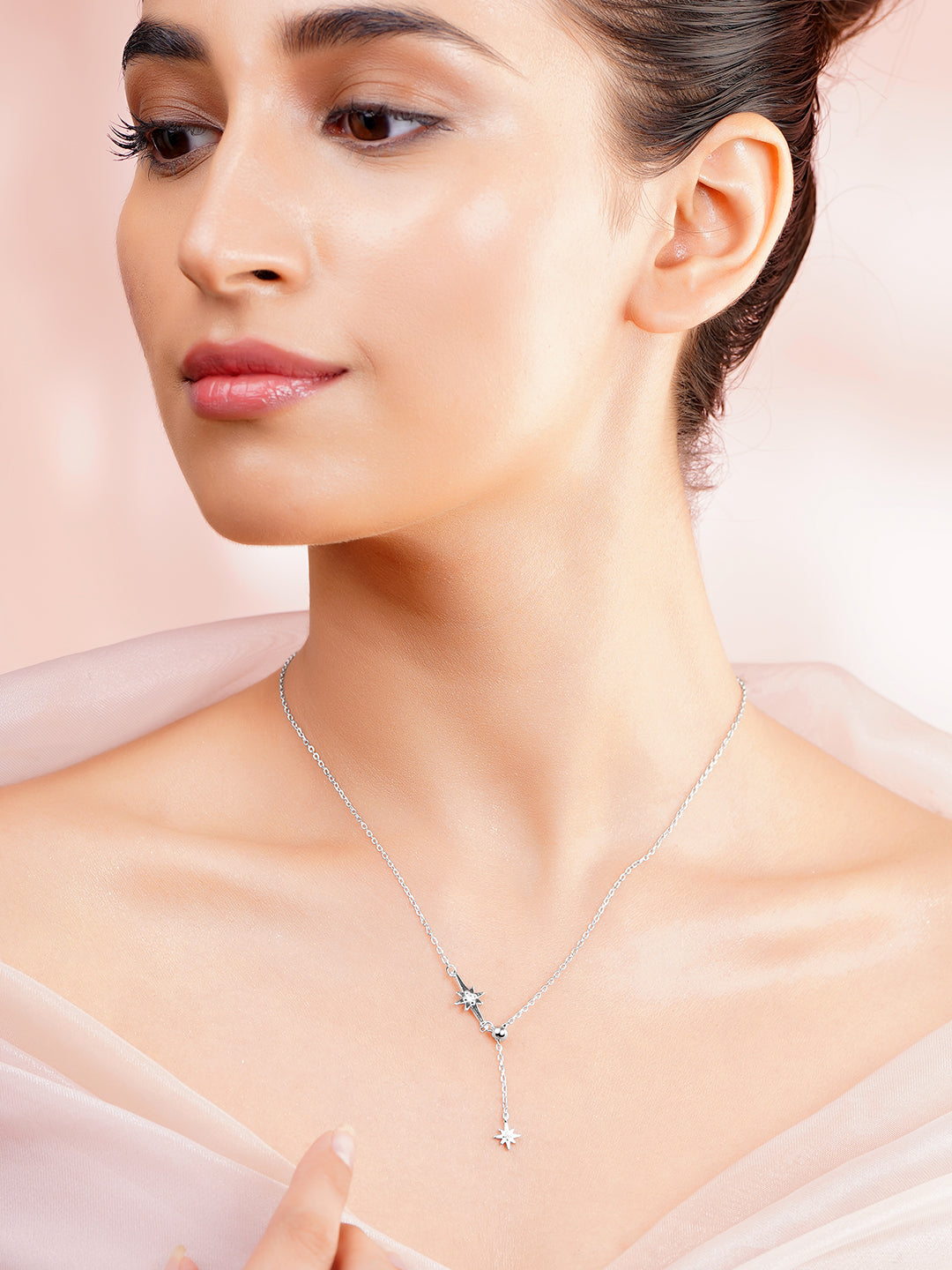 925 Fine Silver Crystal Celestial Star Drop Chain Necklace フリーサイズ