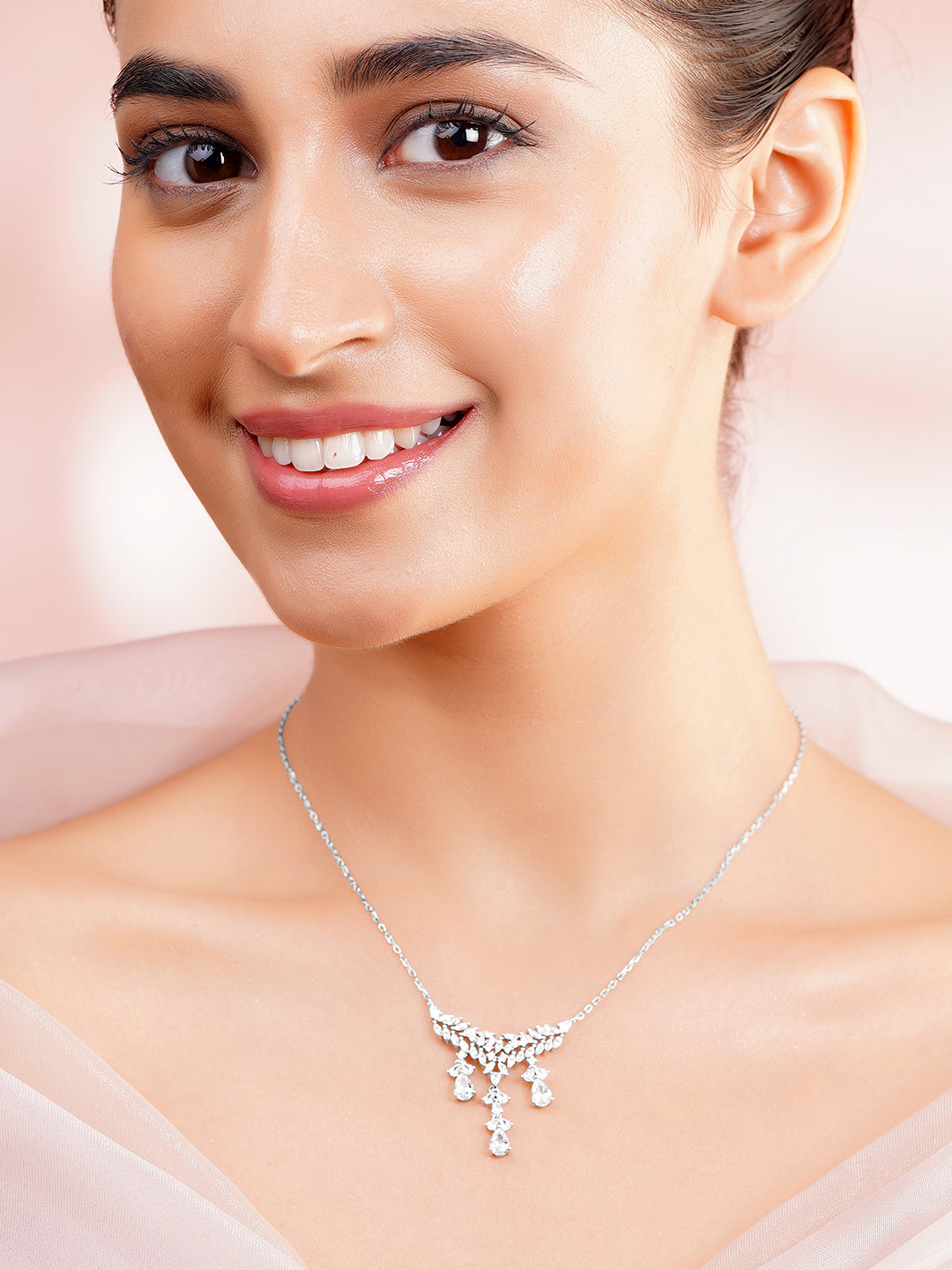 925 Fine Silver Cubic Zirconia Drop Chain Necklace フリーサイズ