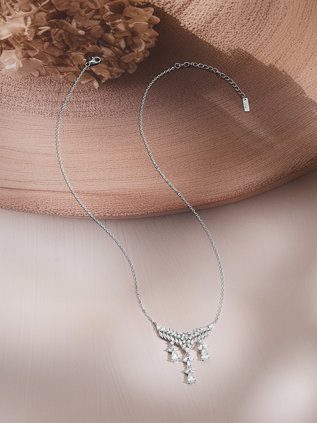 925 Fine Silver Cubic Zirconia Drop Chain Necklace フリーサイズ