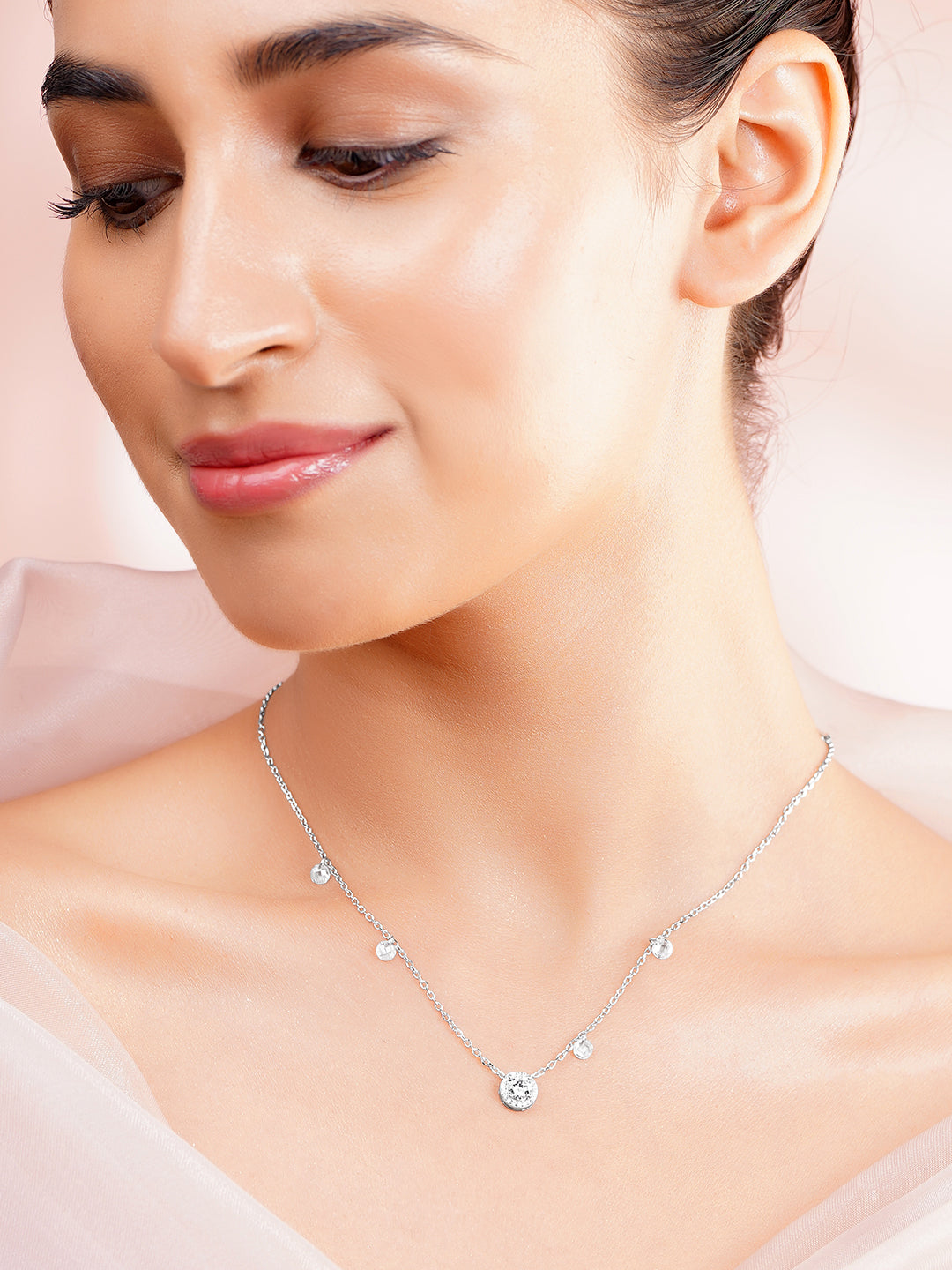 925 Fine Silver Halo Solitaire Chain Necklace フリーサイズ