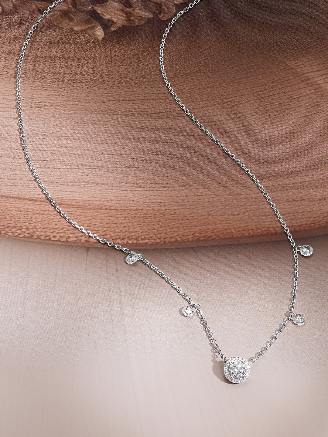 925 Fine Silver Halo Solitaire Chain Necklace フリーサイズ