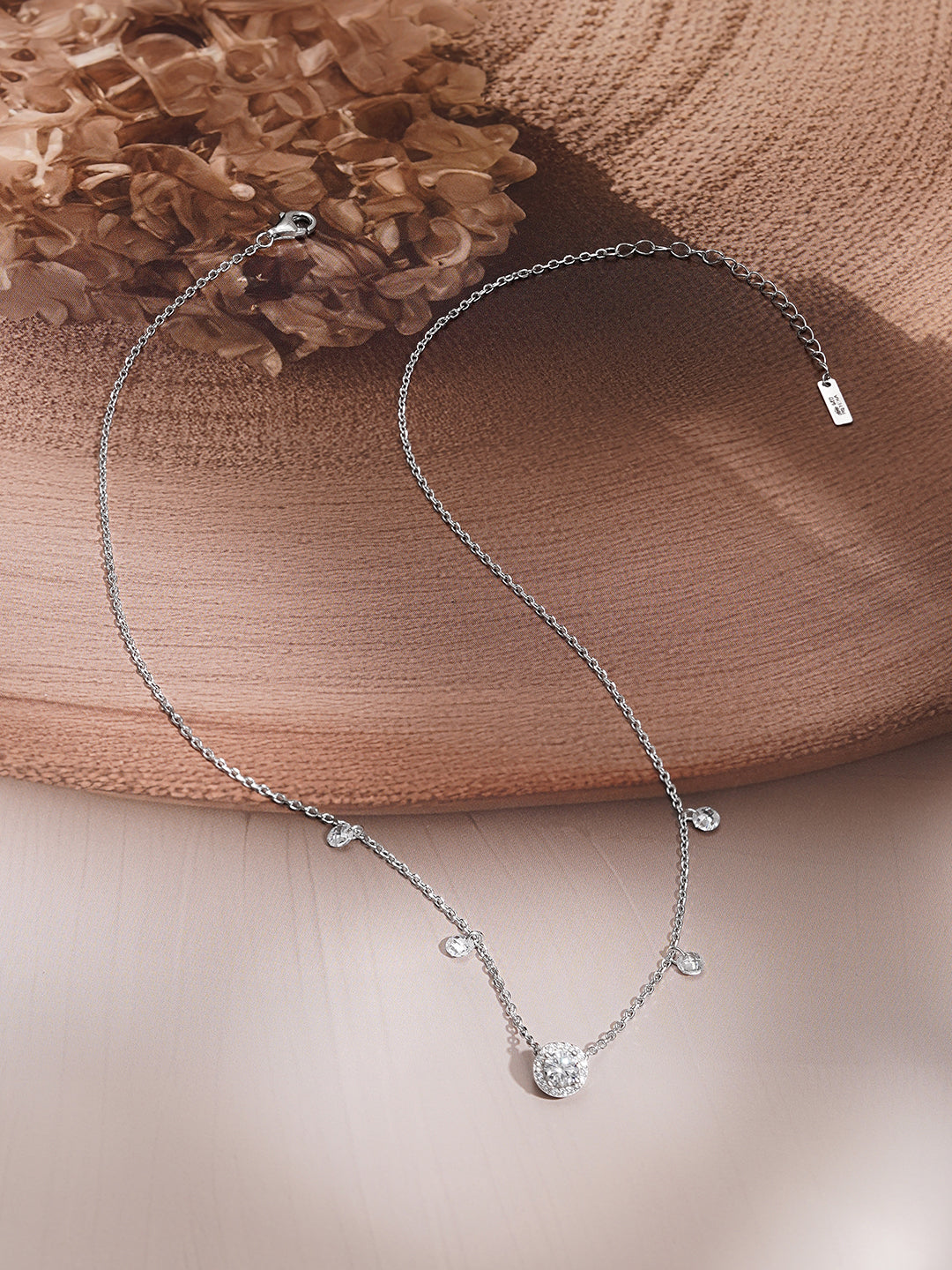 925 Fine Silver Halo Solitaire Chain Necklace フリーサイズ