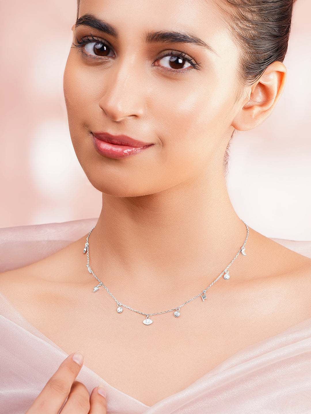 925 Fine Silver Rhodium Plated Multi Charm Necklace フリーサイズ
