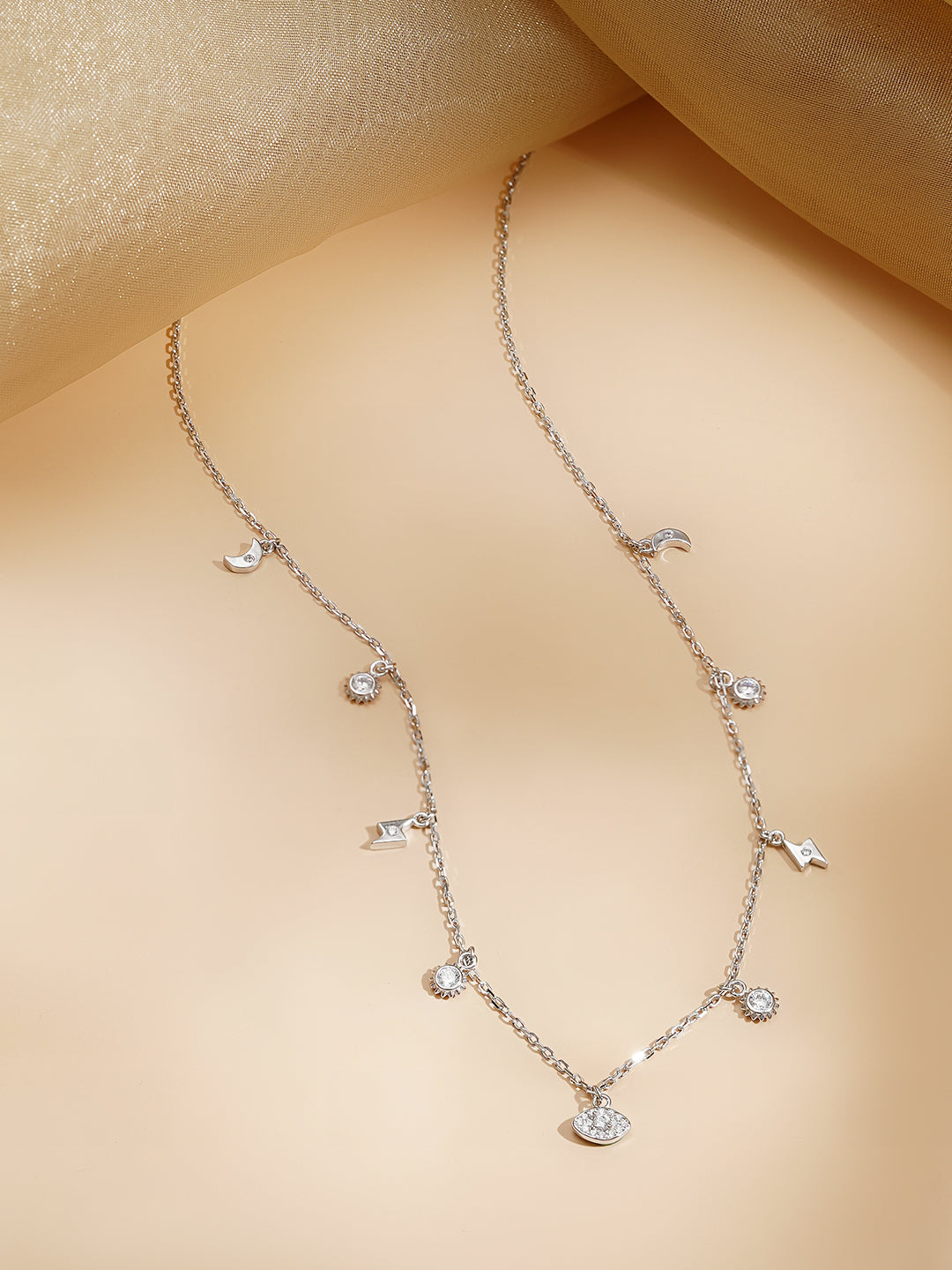 925 Fine Silver Rhodium Plated Multi Charm Necklace フリーサイズ
