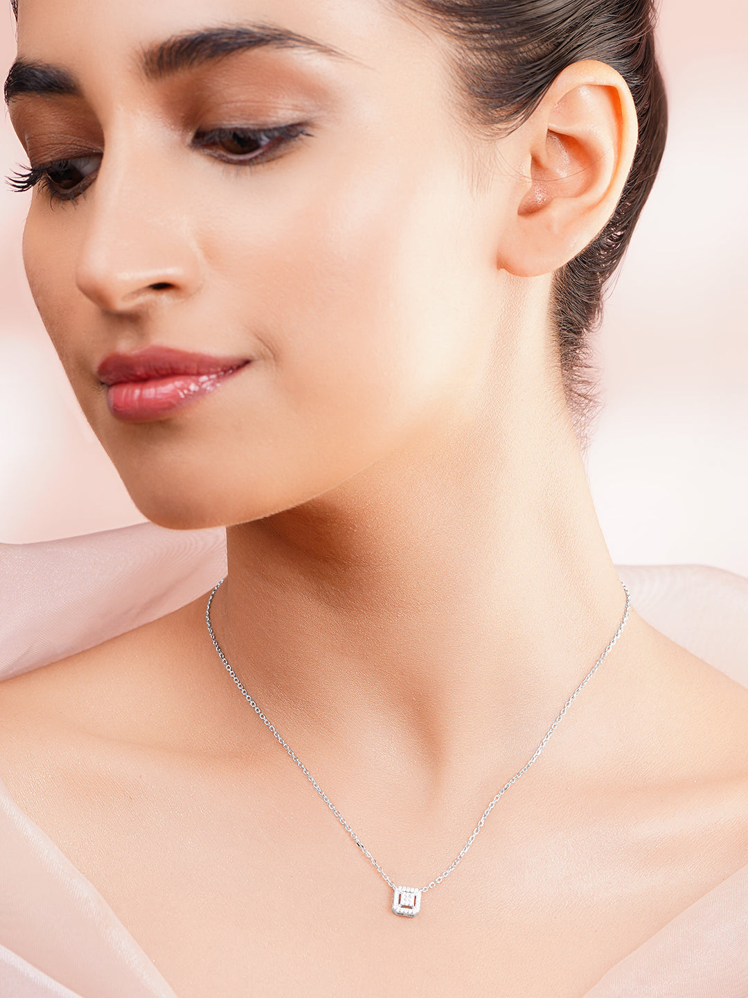 925 Fine Silver Rhodium Plated Cubic charm Necklace フリーサイズ