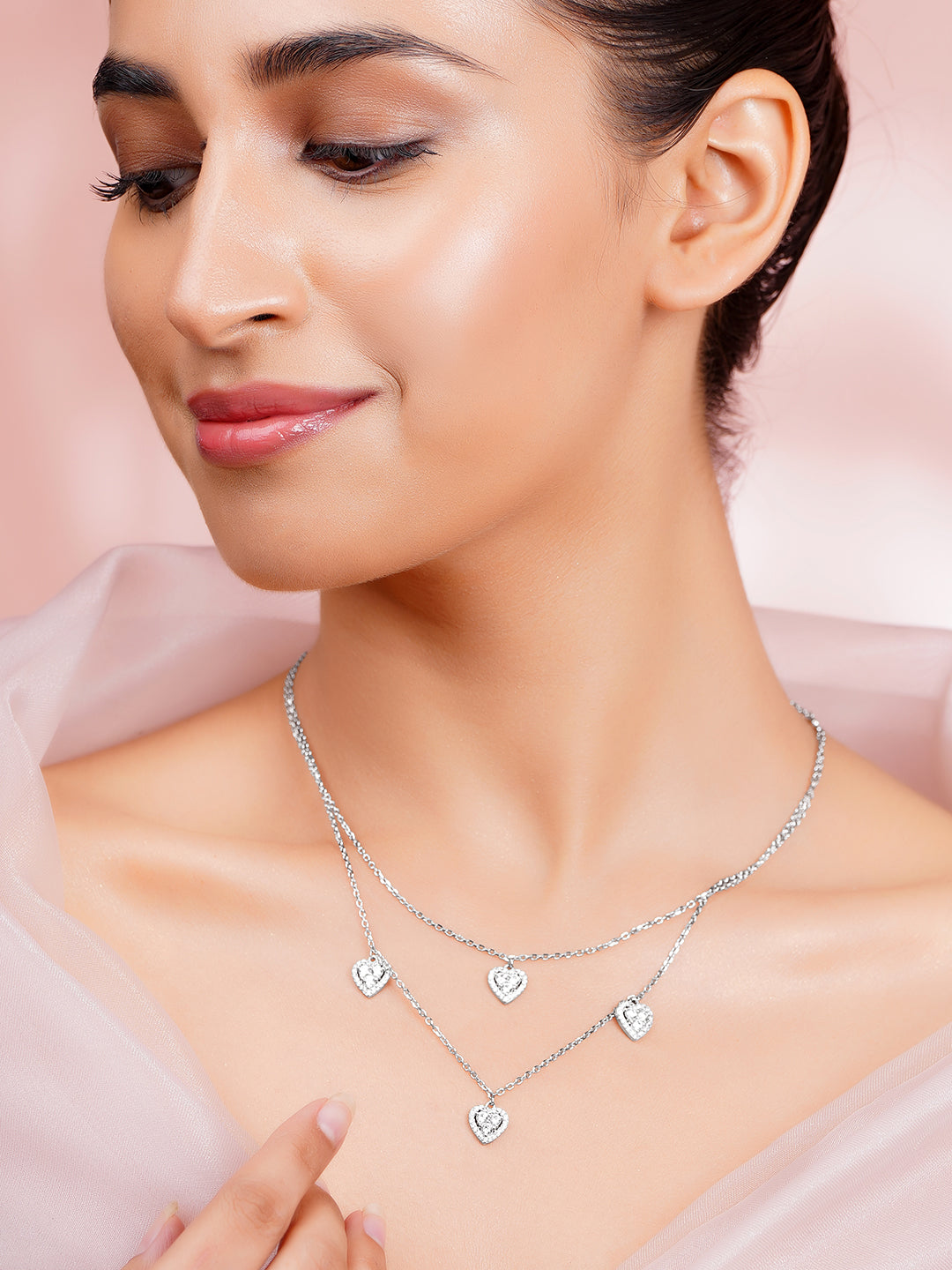 925 Fine Silver Cubic Zirconia Heart Charm Layered Necklace フリーサイズ