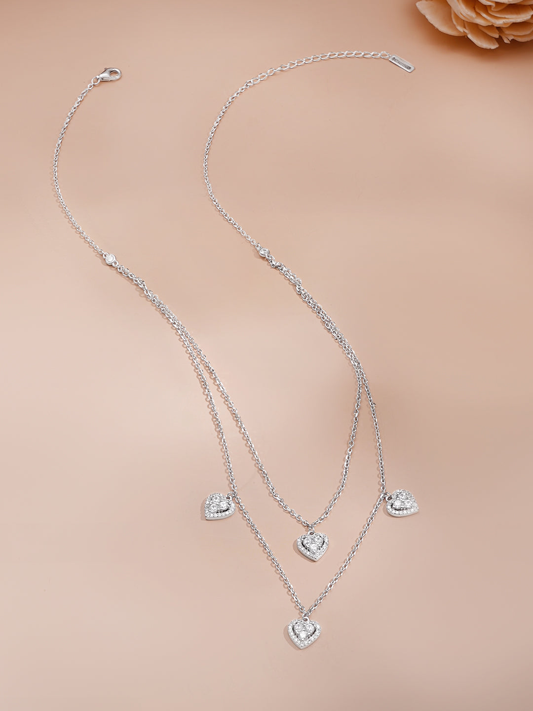 925 Fine Silver Cubic Zirconia Heart Charm Layered Necklace フリーサイズ