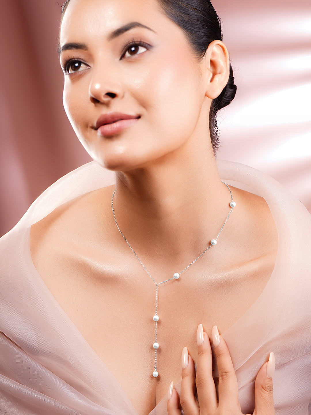 925 Fine Silver Rhodium Plated Pearl Layered Y Necklace フリーサイズ