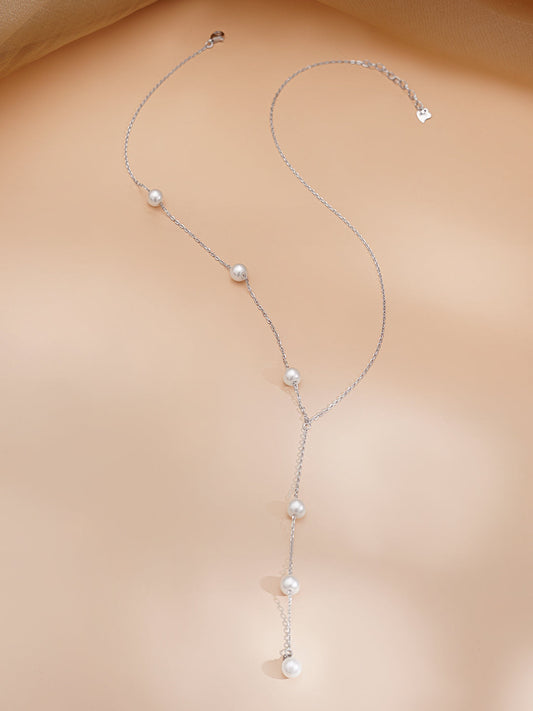 925 Fine Silver Rhodium Plated Pearl Layered Y Necklace フリーサイズ